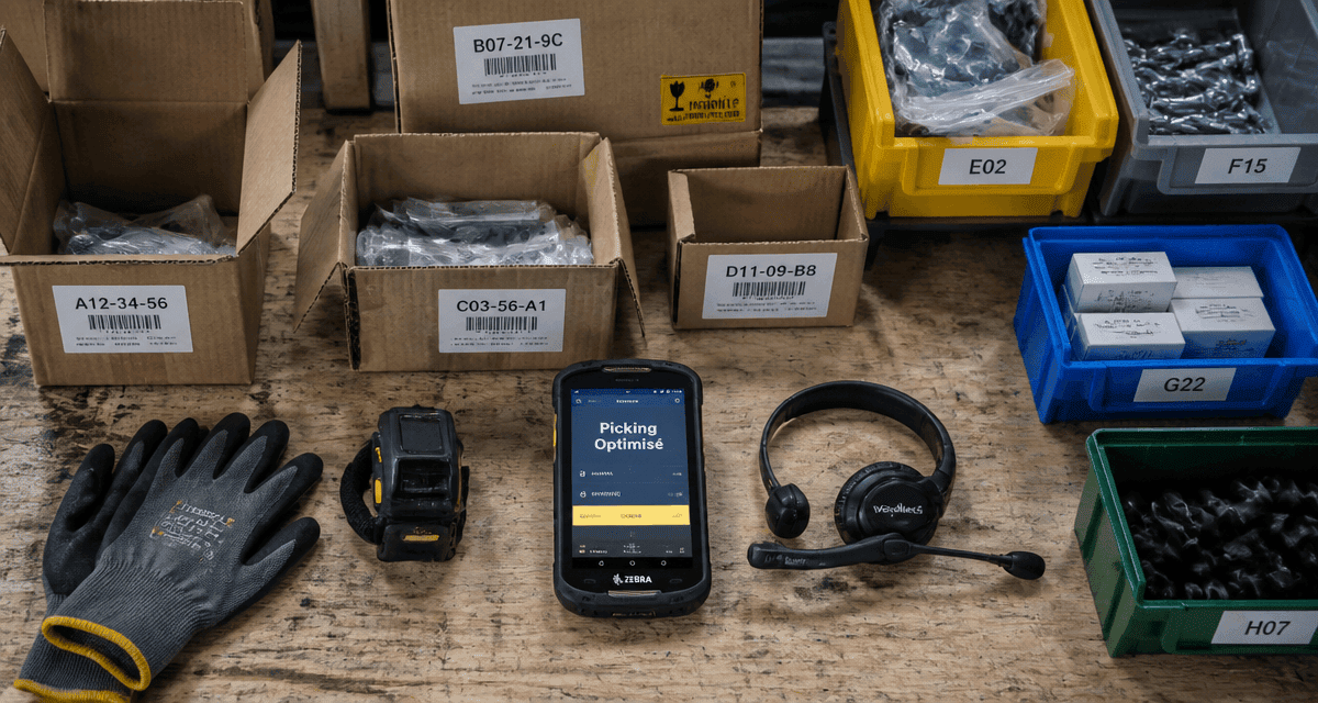 Poste picking logistique avec cartons, scanner et terminal