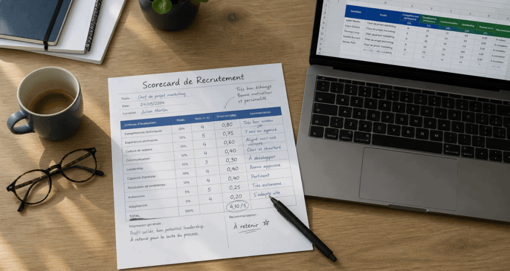 scorecard recrutement imprimée sur bureau moderne