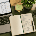 bureau travail en ligne à domicile avec ordinateur et carnet