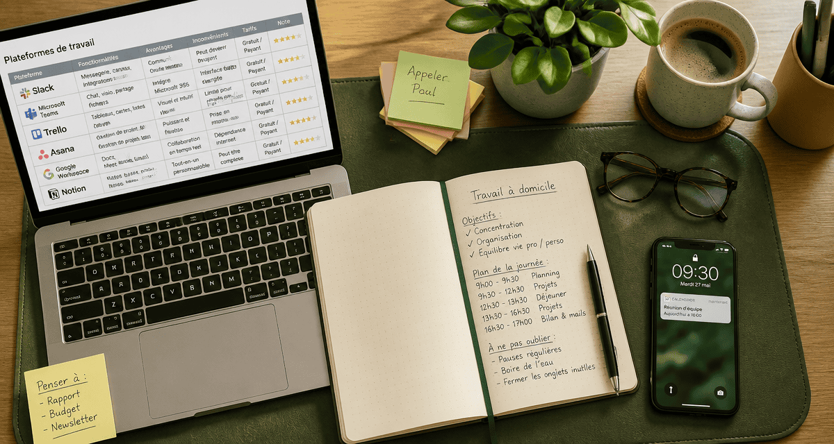 bureau travail en ligne à domicile avec ordinateur et carnet