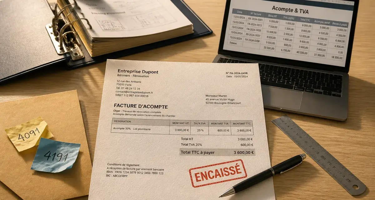 Comptabiliser un acompte et TVA, facture d’acompte encaissée