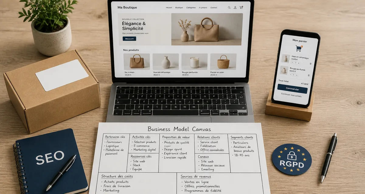 E commerce comment se lancer : maquette e-commerce et RGPD sur table