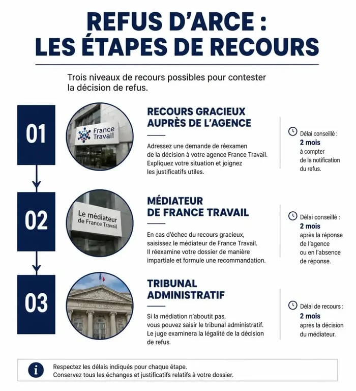 Schéma des étapes de recours suite à une demande ARCE refusée : recours gracieux, médiateur et tribunal administratif.