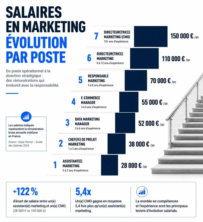 Infographie des métiers du marketing les mieux payés et leurs niveaux de salaire