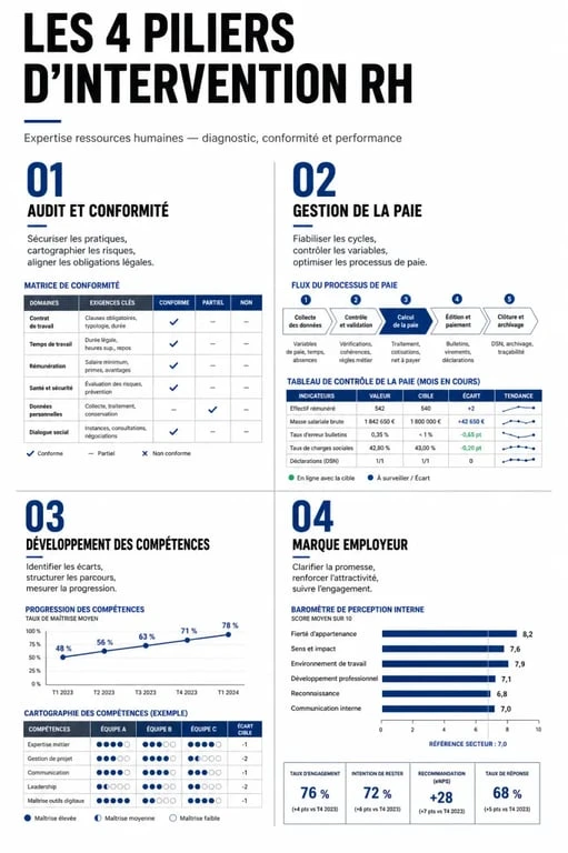 Infographie des domaines d'intervention d'un expert ressources humaines pour la gestion des talents et la conformité légale.