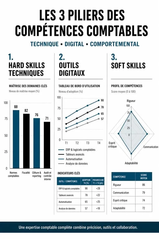 Infographie des compétences comptables : hard skills, outils digitaux et soft skills
