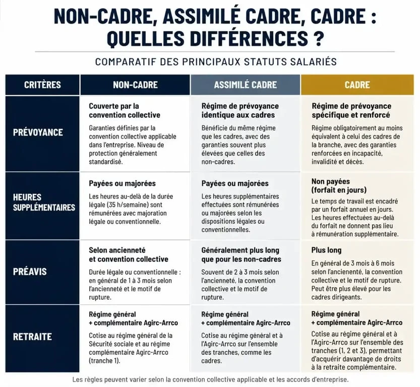 Tableau comparatif des statuts professionnel : non-cadre, assimilé cadre et cadre
