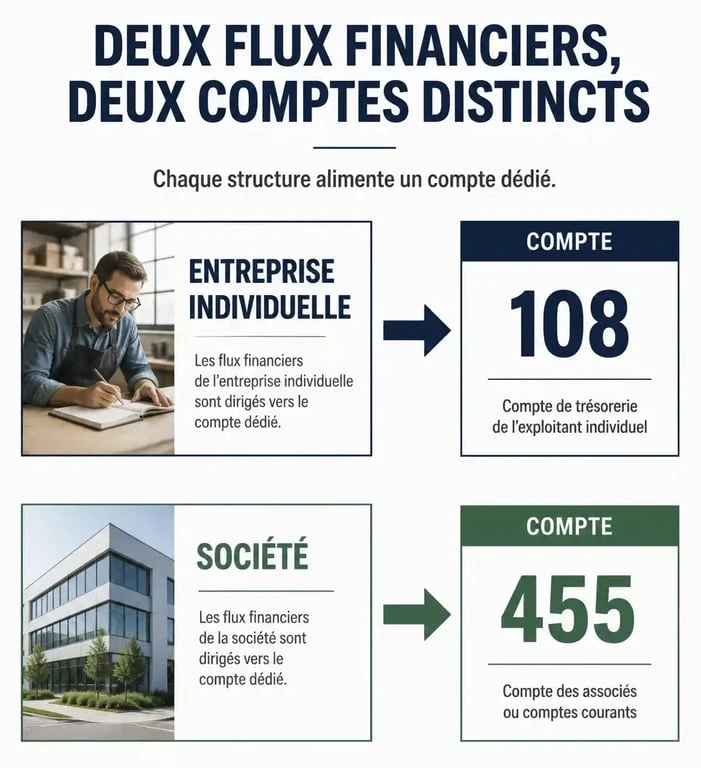 Schéma comptable du virement compte personnel vers compte professionnel : distinction entre compte 108 pour EI et compte 455 pour société.