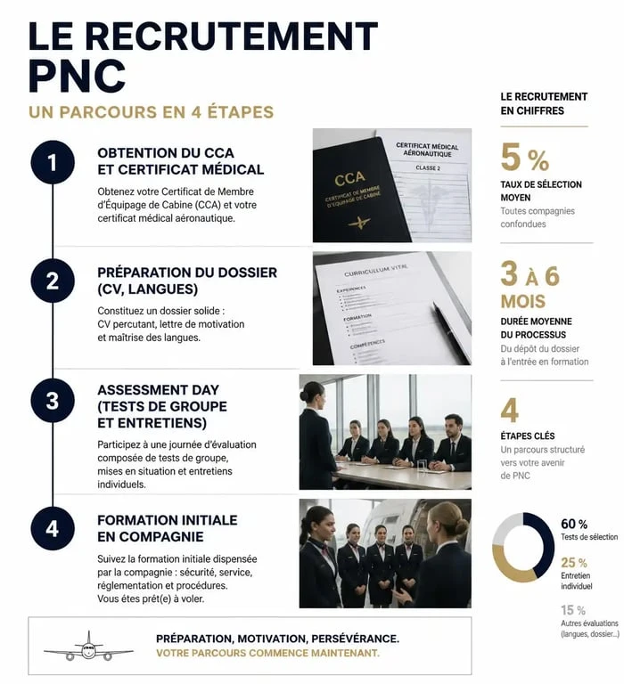 Infographie des étapes du processus de recrutement PNC pour devenir personnel navigant commercial