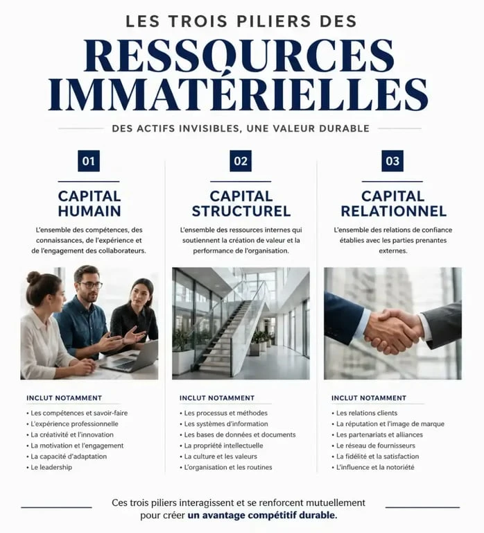 Schéma des trois piliers des ressources immatérielles : capital humain, structurel et relationnel