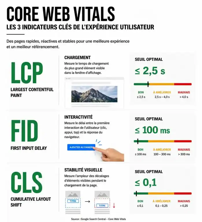 Infographie des Core Web Vitals pour le SEO et l'UX : LCP, FID et CLS