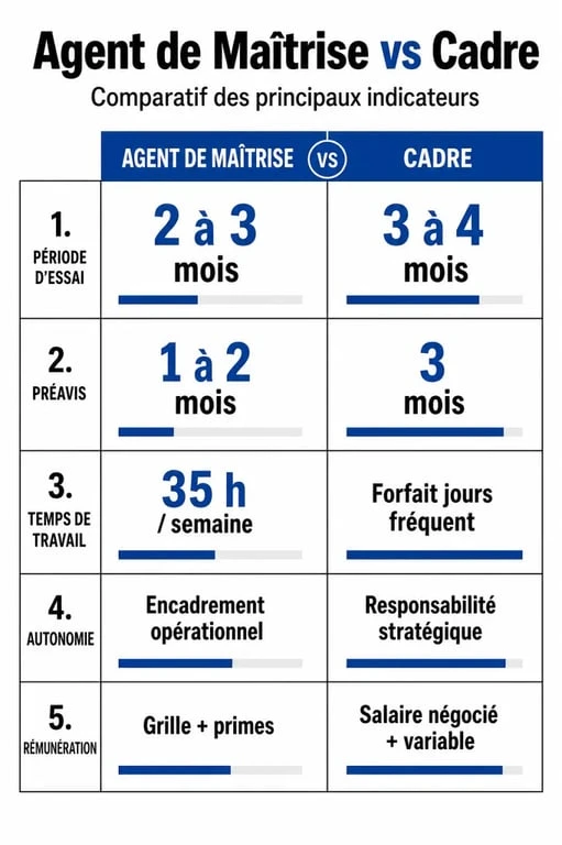 Infographie comparative des différences entre agent de maîtrise et cadre pour comprendre le statut cadre ou non cadre