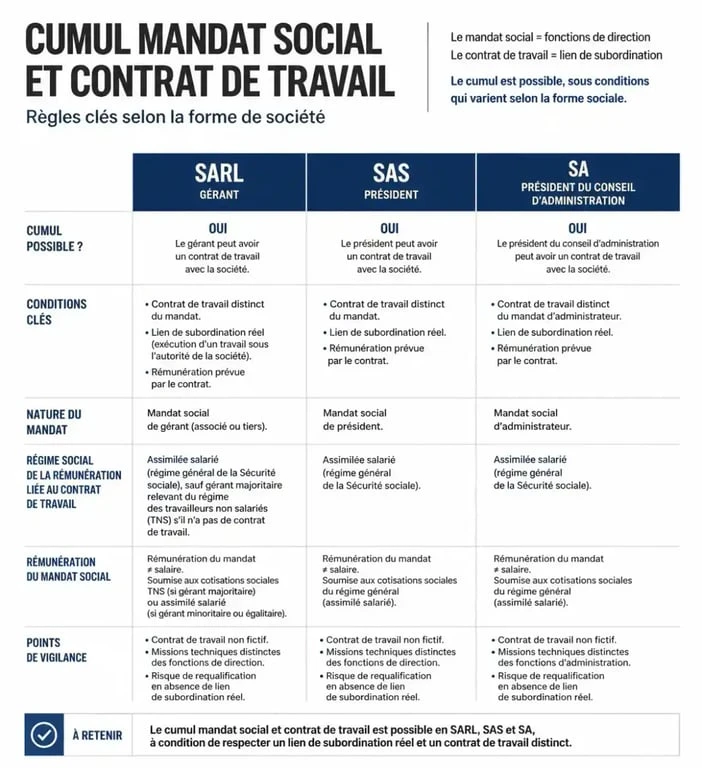 Infographie comparative sur le cumul mandat social et contrat de travail pour dirigeants