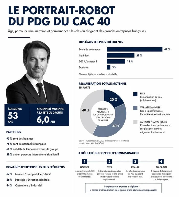 Portrait-robot et données clés des PDG du CAC 40 : parcours académiques et structure de rémunération