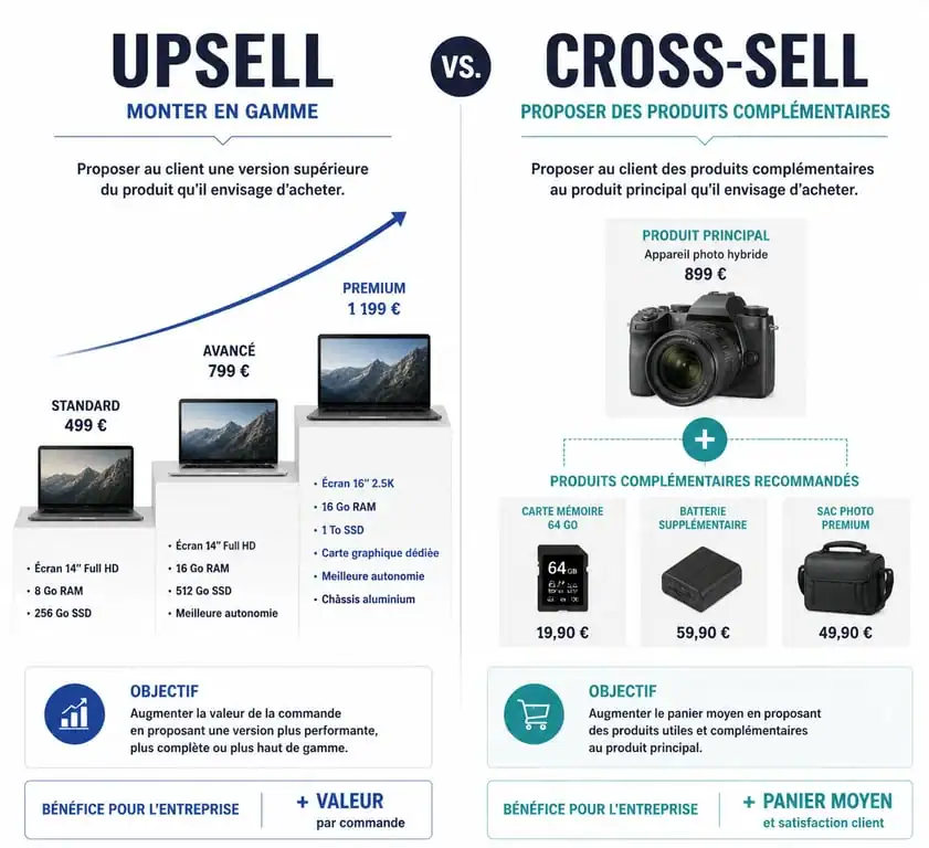 Infographie comparative entre l'upsell et le cross-sell pour augmenter le panier moyen en e-commerce