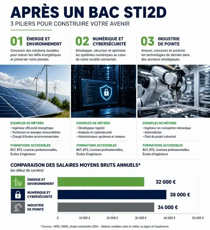 Infographie des métiers bien payés après un bac STI2D : salaires et secteurs porteurs