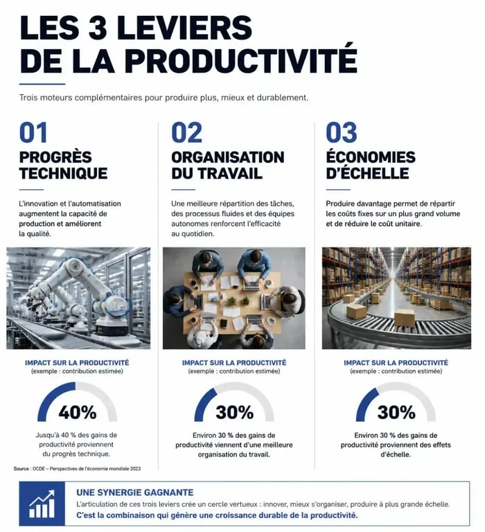 Schéma des leviers du gain de productivité : innovation, organisation et économies d'échelle