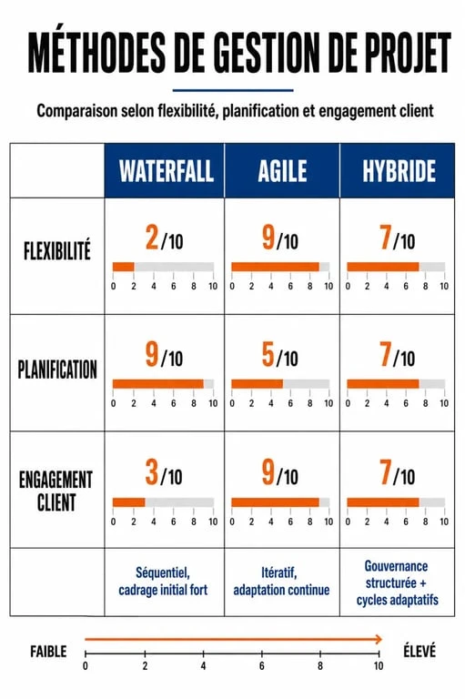 Infographie comparative des méthodes de gestion de projet : Waterfall, Agile et Hybride.