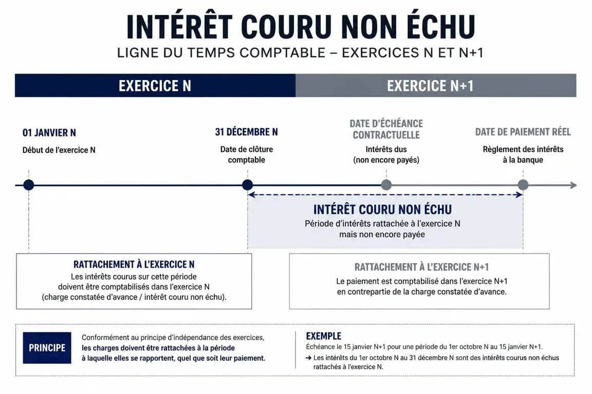 Schéma explicatif de la période d'intérêt couru non échu entre deux exercices comptables
