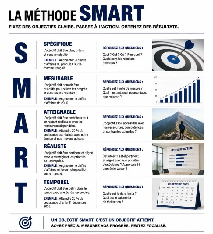 Infographie illustrant la méthode SMART pour définir des objectifs lors d'un entretien annuel