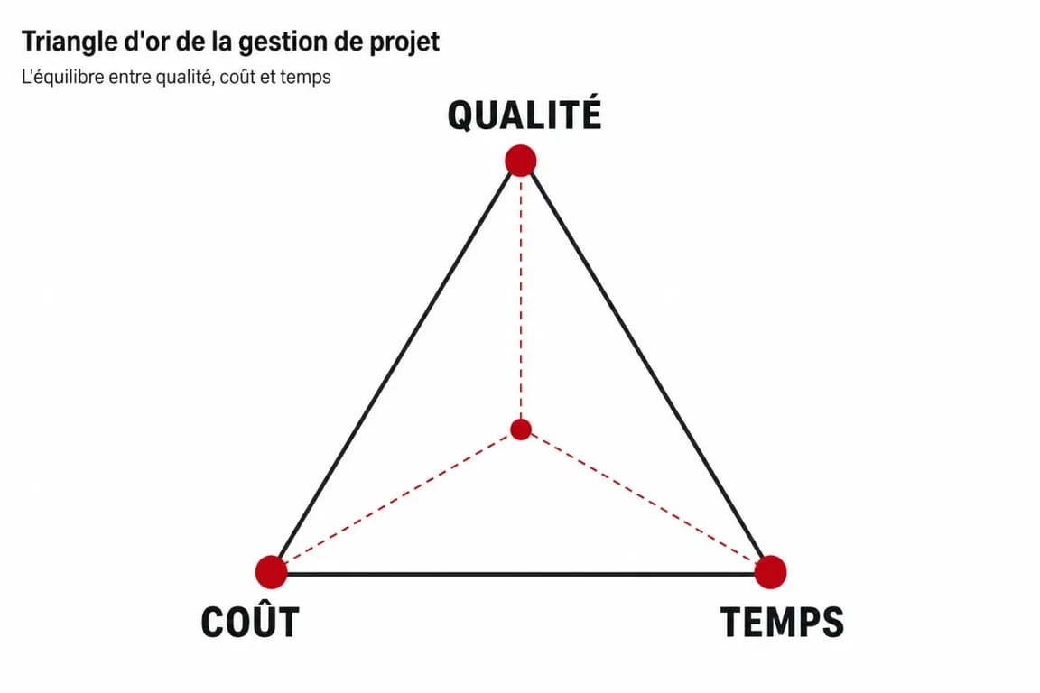 Schéma du triangle d'or en gestion de projet : qualité, coût et délai