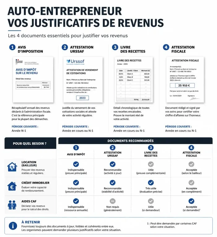 Infographie des justificatifs de revenus pour auto-entrepreneur : avis d'imposition, attestation URSSAF et livre des recettes pour location et crédit.