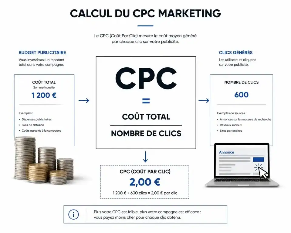 Infographie explicative du calcul du CPC marketing pour optimiser vos campagnes publicitaires