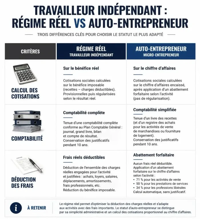 Tableau comparatif entre travailleur indépendant et auto entrepreneur pour choisir son statut juridique