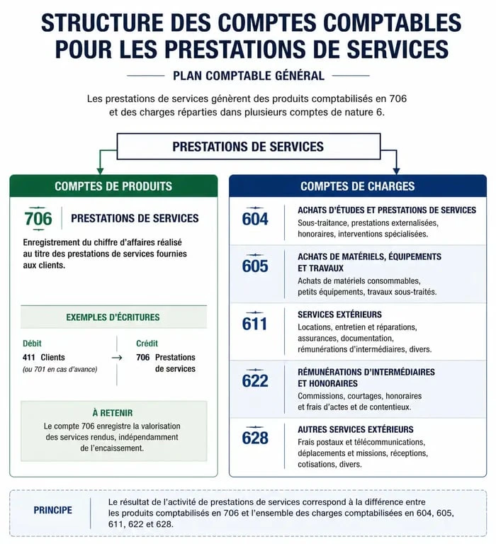 Schéma des comptes comptables pour une prestation de service