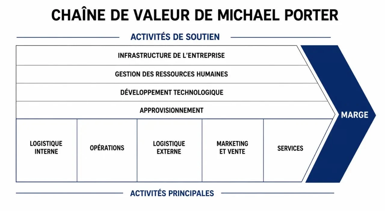 Schéma de la chaîne de valeur de Porter illustrant les activités principales et de soutien pour améliorer la compétitivité