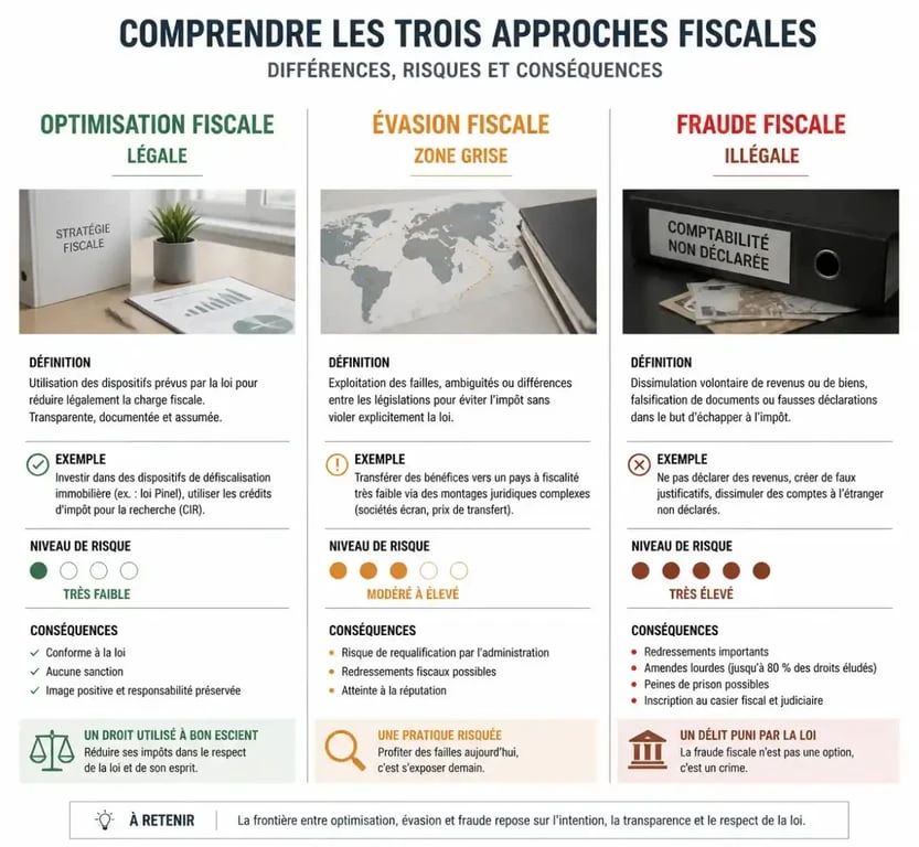Infographie comparative illustrant les différences entre optimisation, évasion et fraude fiscale