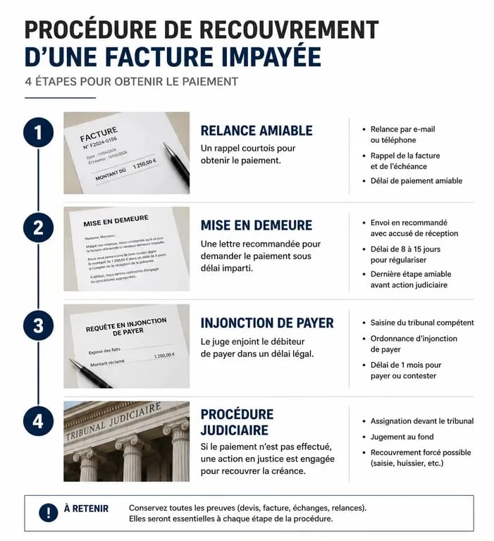 Infographie des étapes de la procédure de mise en demeure pour facture impayée
