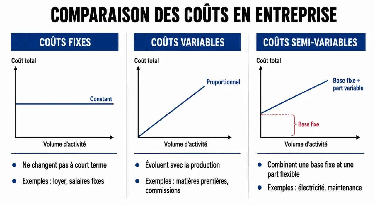 Infographie sur la typologie des frais généraux en entreprise : coûts fixes, variables et semi-variables