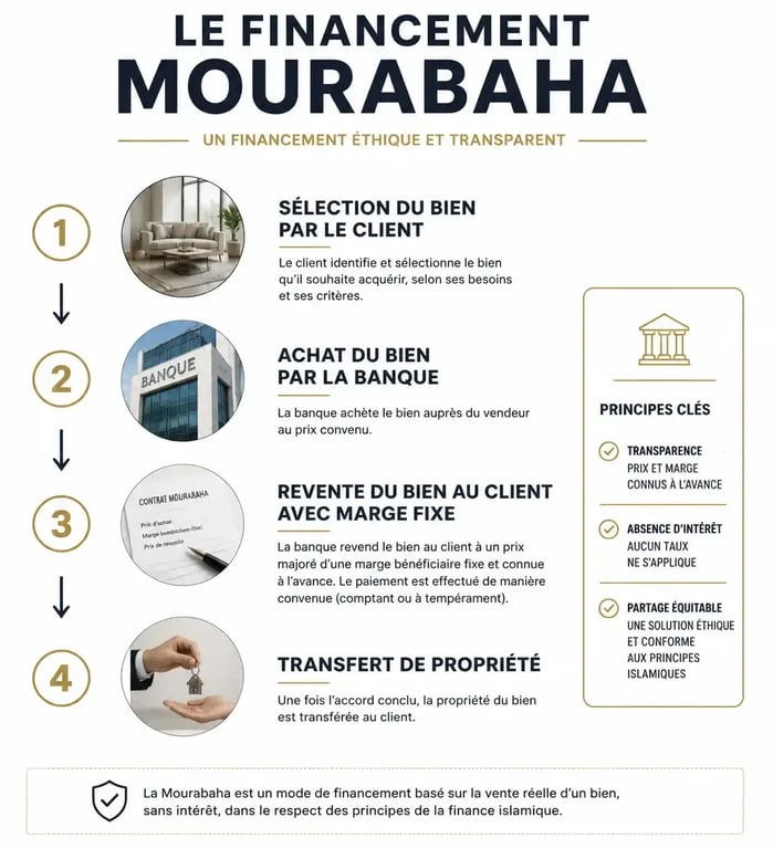 Schéma du fonctionnement du financement immobilier Mourabaha dans une banque islamique à Lyon