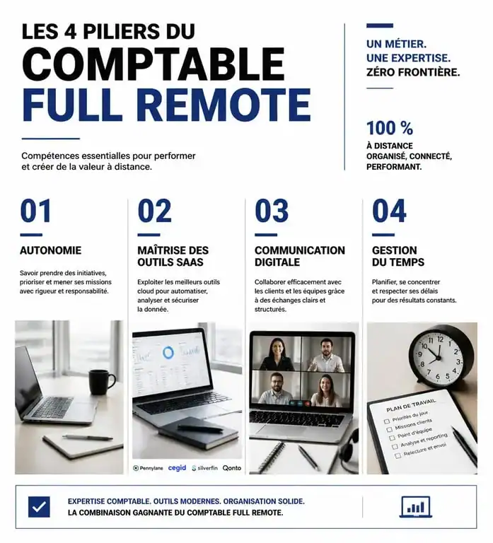 Infographie des compétences et outils essentiels pour un comptable full remote
