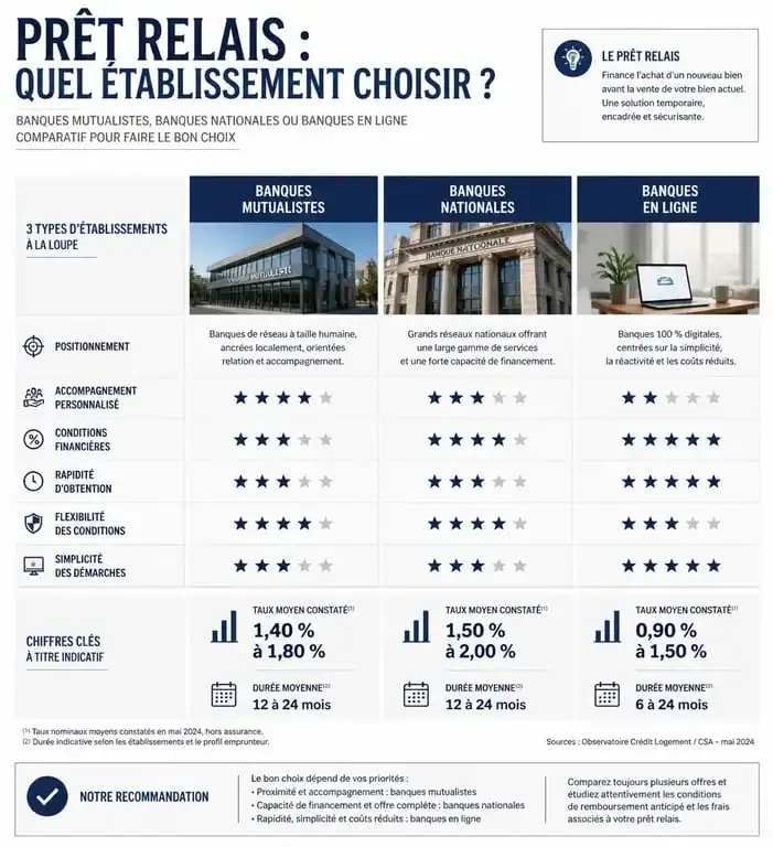 Comparatif des banques pour un prêt relais : avantages et inconvénients des banques mutualistes, nationales et en ligne