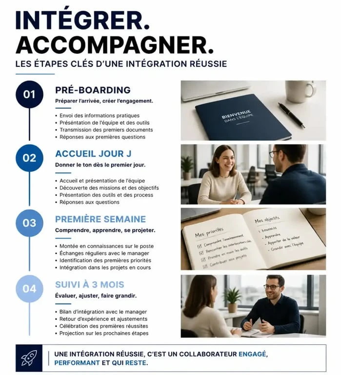 Infographie des étapes clés de l'intégration entreprise ou onboarding