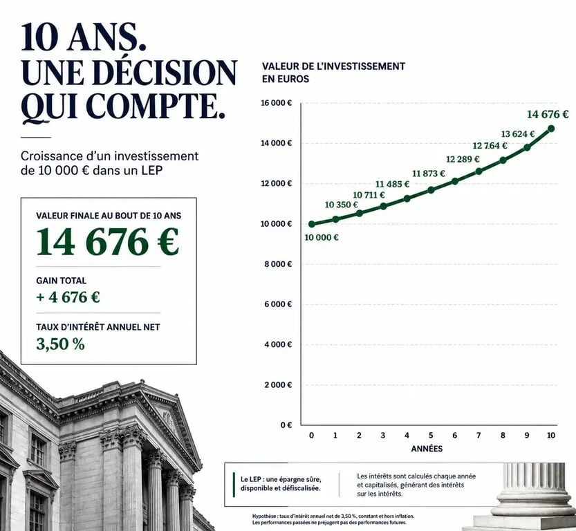 Graphique de l'évolution d'un LEP plein sur 10 ans montrant les intérêts cumulés