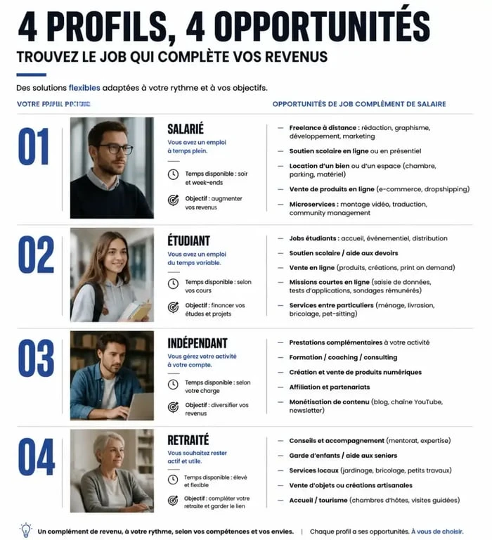 Tableau comparatif des opportunités de job complément de salaire par profil