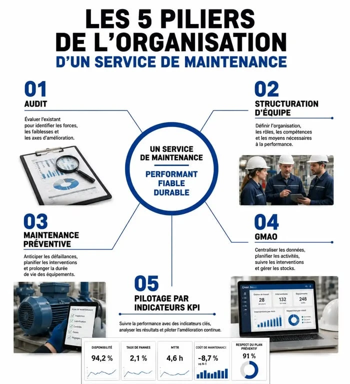 Schéma des 5 piliers pour organiser un service de maintenance efficace
