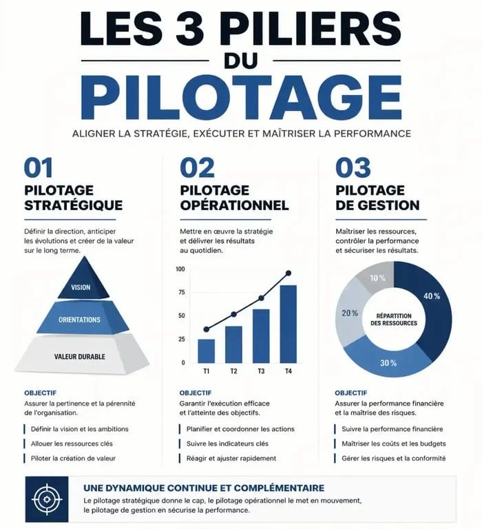 Infographie des trois piliers du management par tableau de bord : stratégique, opérationnel et de gestion