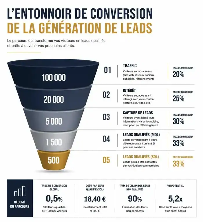 Infographie sur l'entonnoir de conversion pour la génération de leads (leadgen)