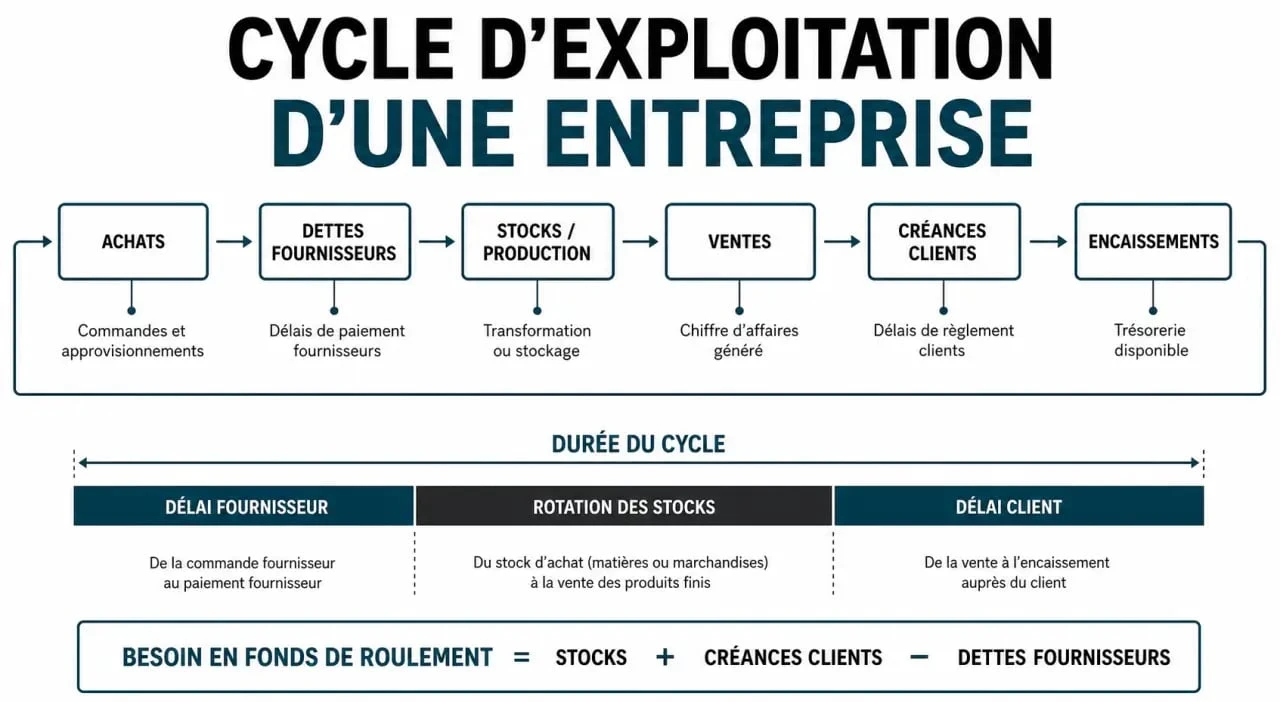 Schéma du cycle d'exploitation et impact des dettes fournisseurs sur le besoin en fonds de roulement