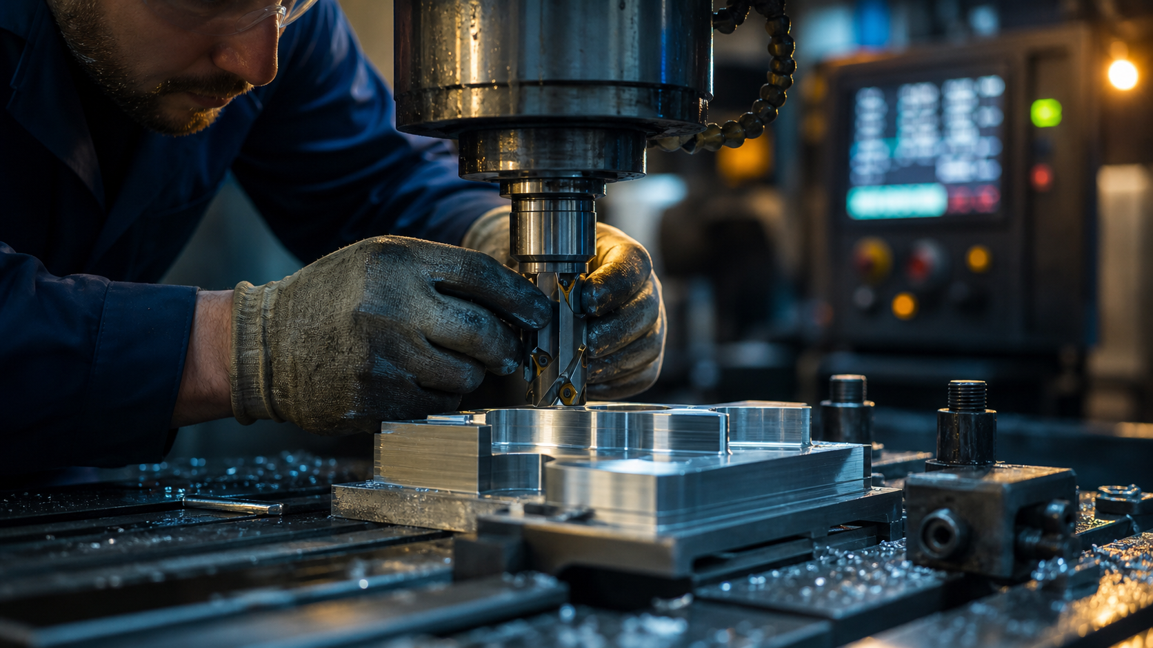 Métier fraiseur : fraiseur CNC ajustant une pièce en aluminium, atelier d’usinage