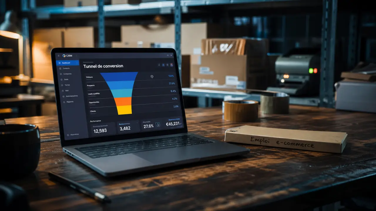 Emploi e commerce : bureau, ordinateur et tableau CRM pour postuler