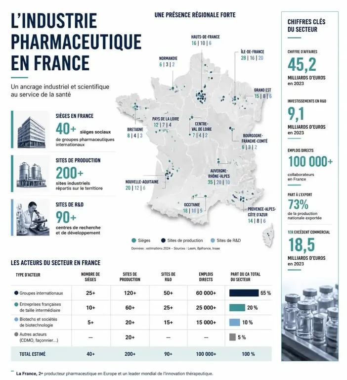 Entreprises pharmaceutiques France : illustration éditoriale de la répartition des sièges, sites de production et centres de R&D