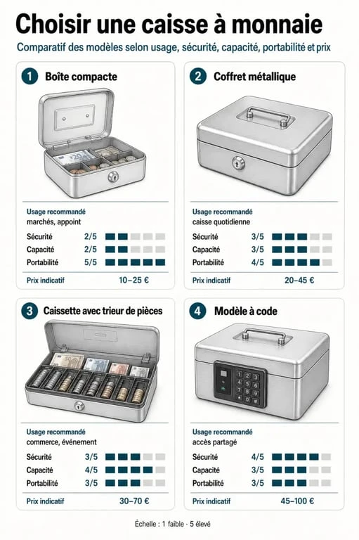Infographie comparative caisse à monnaie : types, sécurité, capacité et usages recommandés