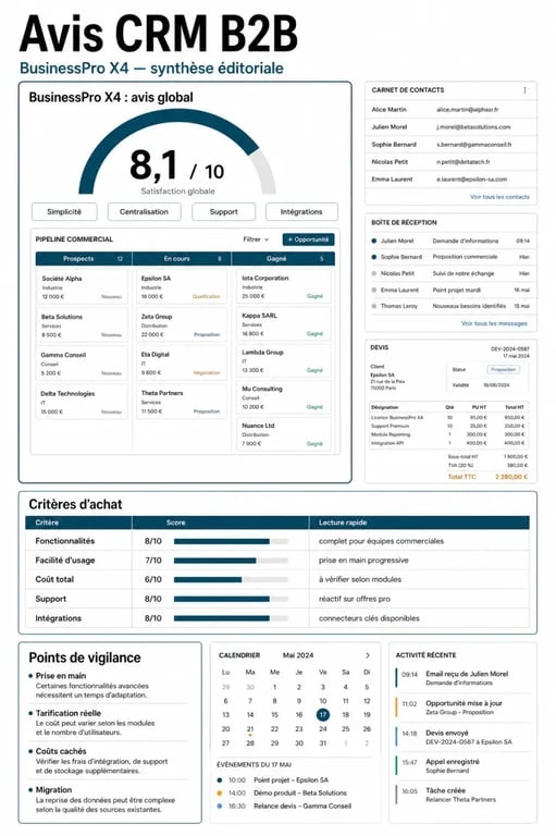 Infographie sur le logiciel crm businesspro x4 avis avec critères d’évaluation, coûts et points de vigilance