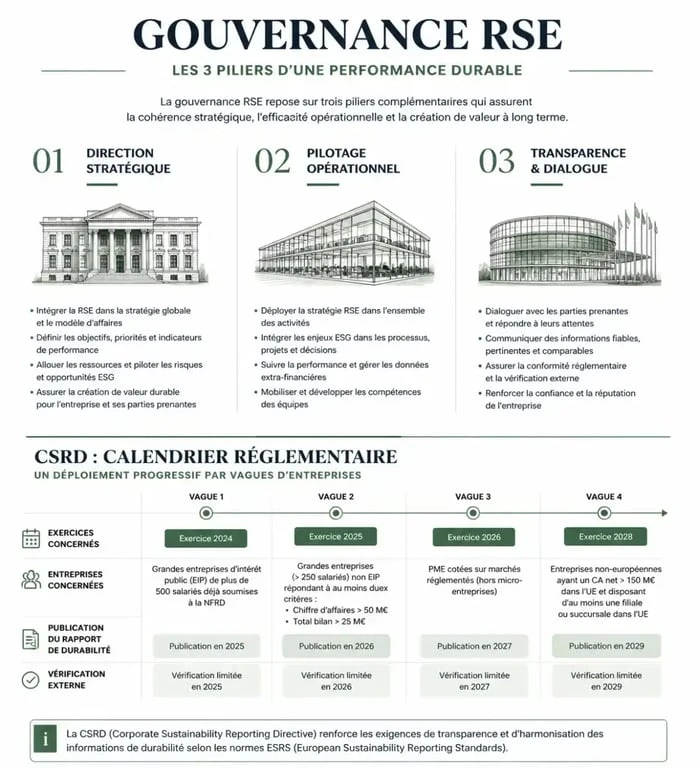 Schéma explicatif de la gouvernance RSE et des étapes de conformité CSRD pour les entreprises