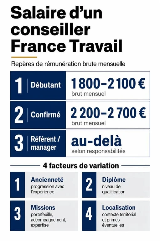 Infographie sur le conseiller pole emploi salaire avec les fourchettes de rémunération et les facteurs qui influencent le revenu
